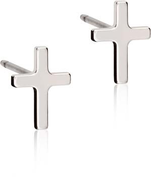 A pair of small, silver cross-shaped earrings with hooks.