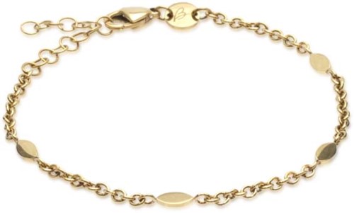 A gold bracelet with small, oval-shaped charms and chain links, connected by a clasp.