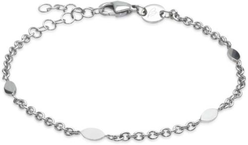 A silver bracelet with small circular and oval-shaped links, each with a shiny appearance, and a clasp for closure.