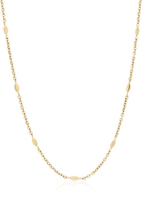 A gold necklace with small oval and chain links. Simple and elegant design.