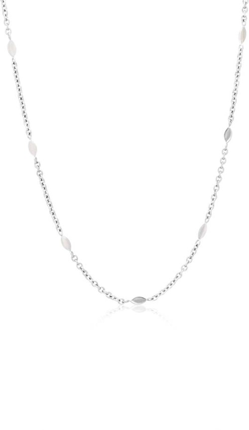 A silver necklace with alternating small and larger beads on a chain.