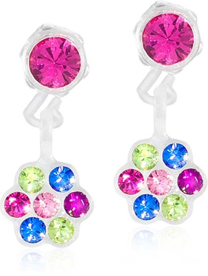 Colorful earrings with pink, green, blue, and purple gems in a flower shape.