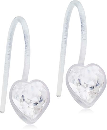 Heart-shaped earrings with clear, gem-like stones hanging from curved hooks.