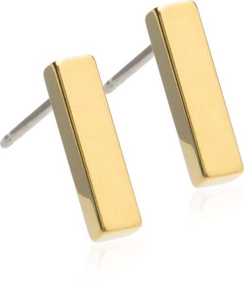 Simple gold rectangular earrings on a white background.