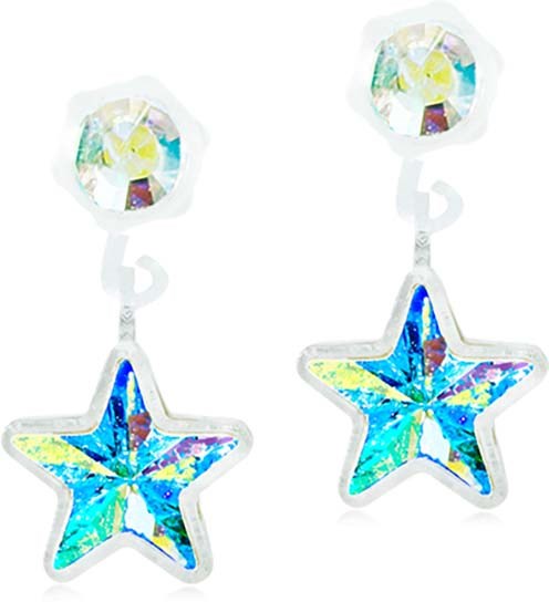 Colorful star-shaped earrings with round, shiny studs on top.