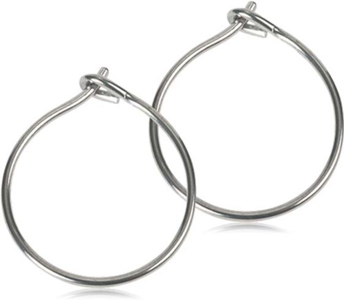 Two silver hoops with small clasps, simple jewelry, medium size, shiny metal.