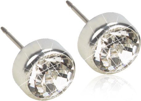 Silver stud earrings with large, clear gemstones. Reflect light and have a simple, elegant design.