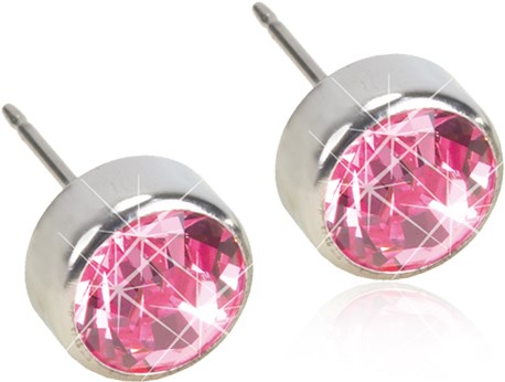 These are small, round, silver earrings with pink gemstones inside. They look shiny and pretty.