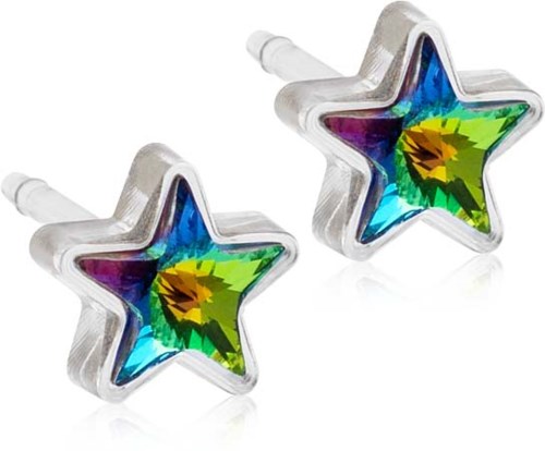 Star-shaped earrings with colorful, iridescent interior design and silver edges.