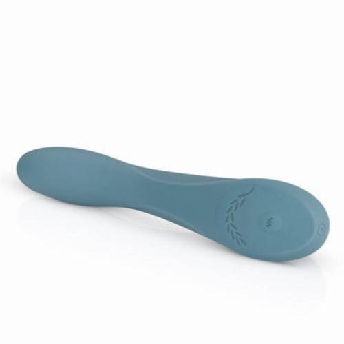 A blue shoehorn with a simple curved shape and a small leaf design on the heel.