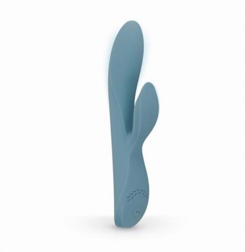 A light blue, bunny-shaped vibrator with two tall ears and a smaller tail, designed for adult use.