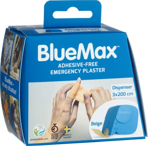 BlueMax adhesive-free emergency plaster dispenser in blue with beige plasters, designed for easy use and portability.