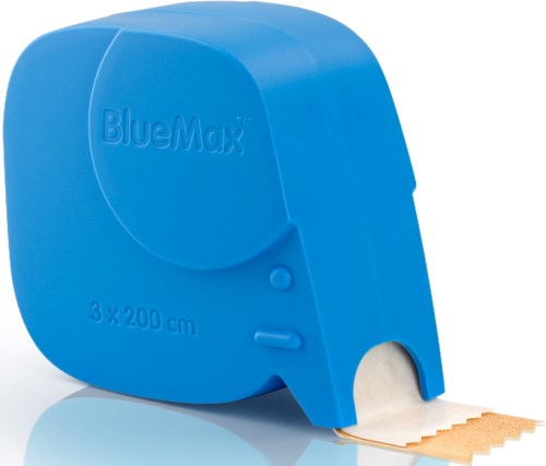 A blue correction tape dispenser with the brand name BlueMax and size details. It has a white tape visible at the front.