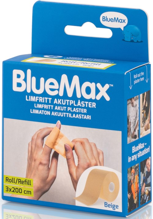 BlueMax blister plaster package, beige color, shows hand applying bandage, indicates size 3x200 cm.