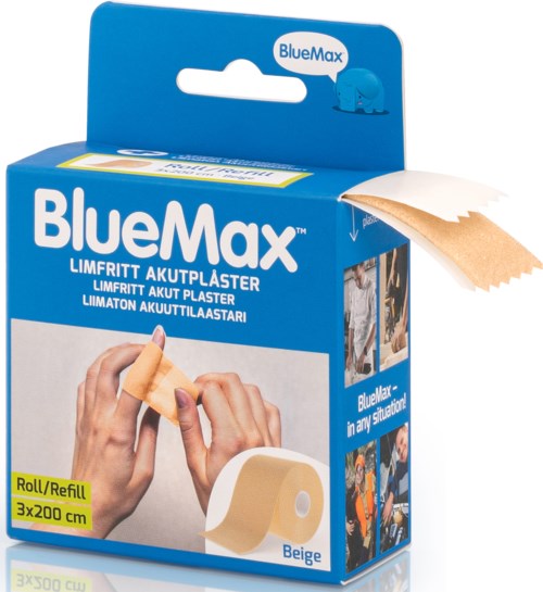 BlueMax beige hypoallergenic adhesive tape roll for skin, with a small tear revealing the tape.