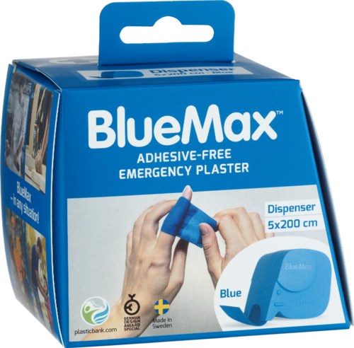 BlueMax adhesive-free emergency plaster dispenser with a hand applying plaster, and blue packaging showing size and brand details.