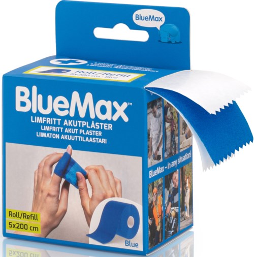 A blue box shows BlueMax plaster strips, with a person's hand applying it and a roll of tape. The box displays product details.