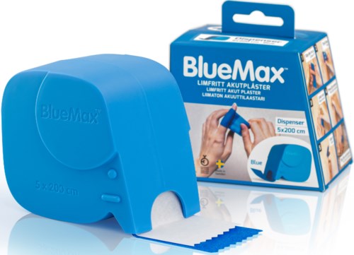 A blue tape dispenser with a box showing the product name and usage instructions for short adhesive strips.