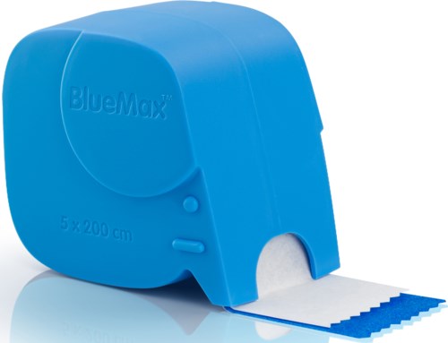 BlueMax tape dispenser holding blue and white adhesive tape with measurement markings.