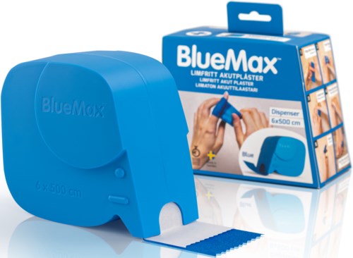 BlueMax wall-mounted adhesive tape dispenser with a blue box showing usage and packaging details.
