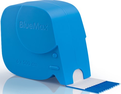 A blue adhesive tape dispenser with a roll of tape inside, labeled "BlueMax," and a cutting edge at the front.