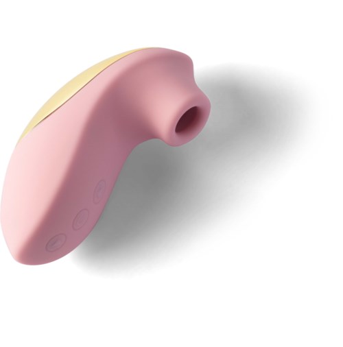 Ein rosa, gebogener Gegenstand mit Knöpfen an der Seite, ähnlich einem kleinen Hörgerät oder Pflegegerät.