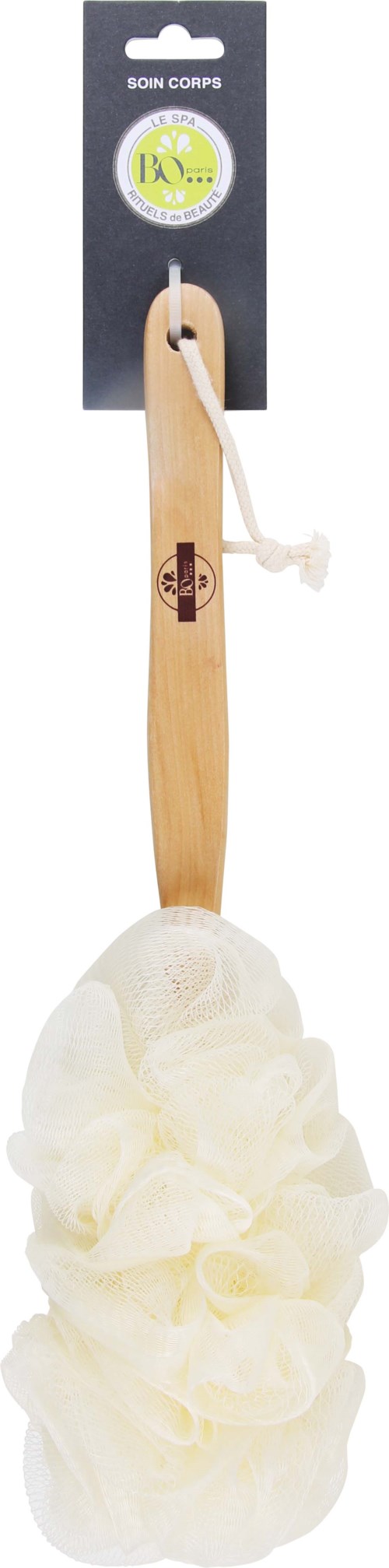 A natural loofah soap holder with a wooden handle and a white loofah sponge. The packaging is gray with text.