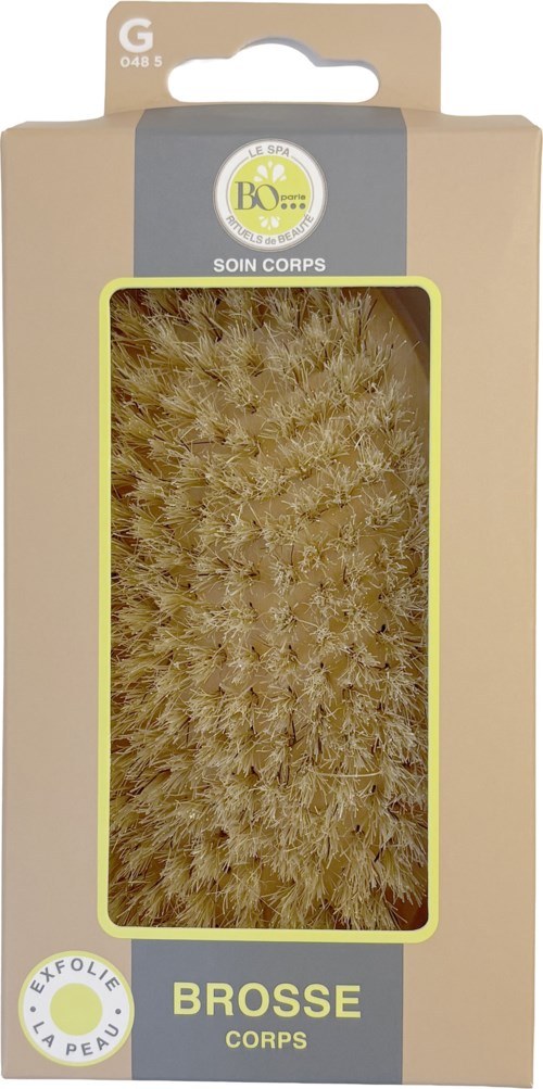 A cleaning brush with a beige handle and a large, fluffy, light brown bristle head in a beige box.