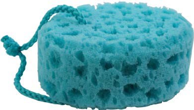 A blue cleaning sponge with a string attached, used for washing dishes or surfaces.