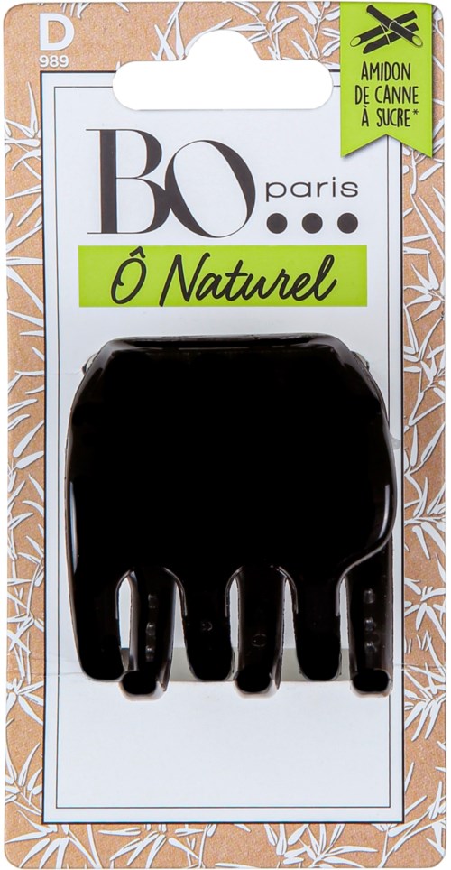 En svart hårklemme i emballasje merket 'BO Paris' og 'Naturel', med grønn og hvit design og en beskrivelse av at den er laget av sukkerrør.