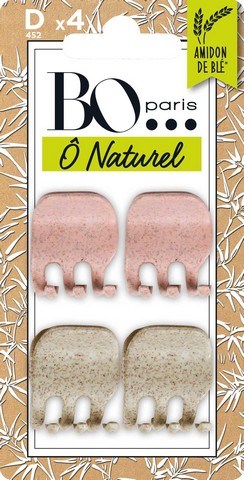 Pakningen inneholder fire sett med beige og rosa hårklemmer med merke og naturlig stilmerke.
