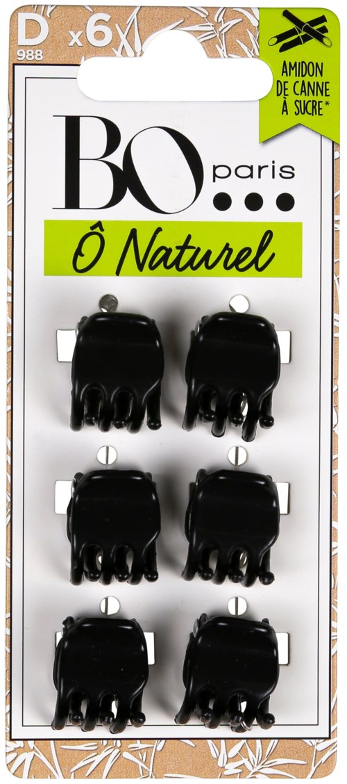 Set of six black hair clips on white card with green and black text, packaging for hair accessories.