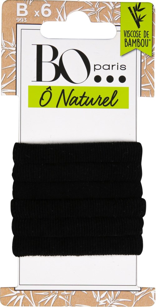 Pack of six black bamboo fiber hair ties with a card label saying 'Ô Naturel' and 'Viscose de Bambou.'