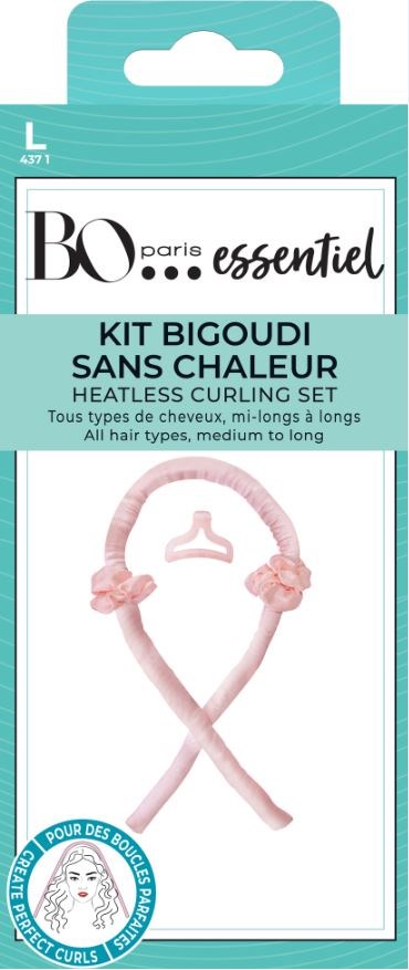 A pink heatless curling set strap with bows, inside teal packaging labeled in French and English for all hair types.
