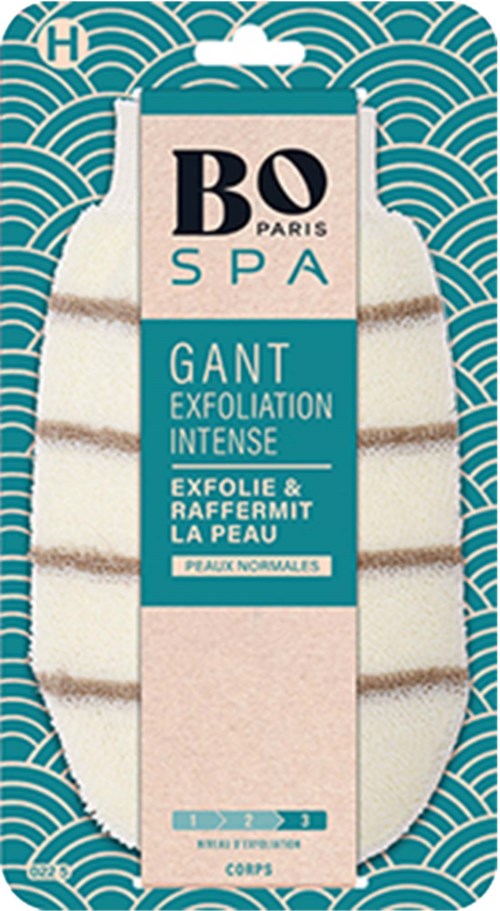 A box of exfoliating gloves with blue and pink packaging, showing the product name and description.