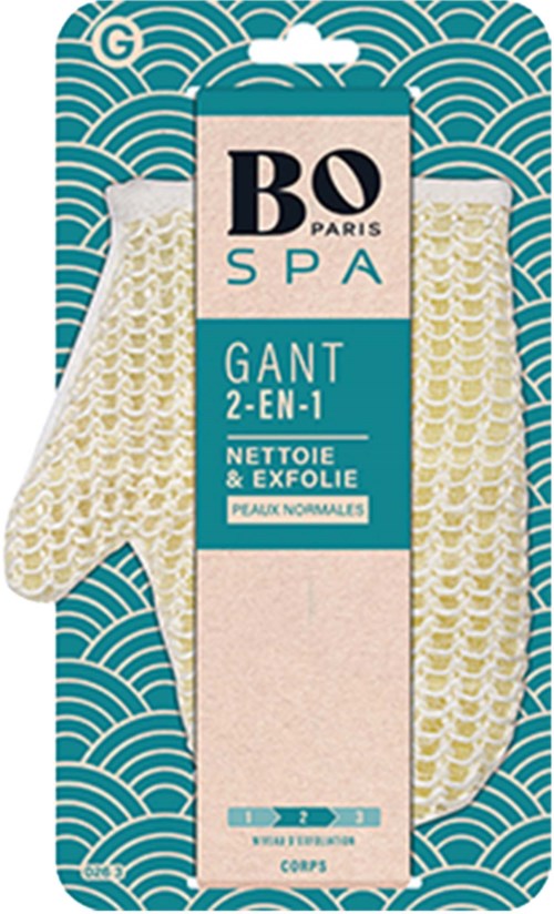 A spa glove for scrubbing, with blue packaging, Asian wave patterns, and branding of BO Paris.
