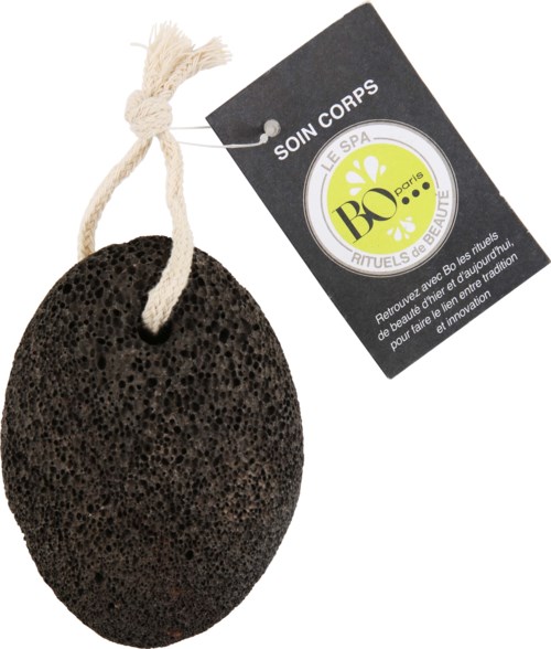 A large black pumice stone with a rope handle and a black tag attached, labeled 'SONI CORPS' and 'LE SPA BORI'.