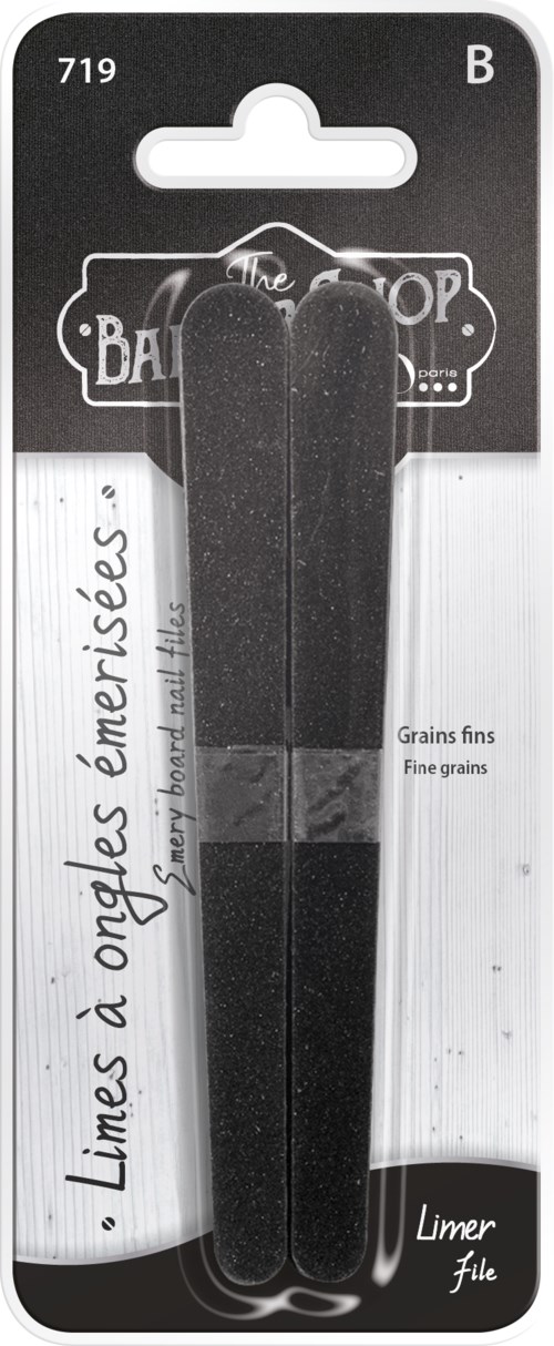 A package contains two black nail files labeled 'Limes a ongle à emeri̱cles'.