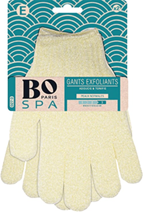 A pair of exfoliating gloves in beige packaging with blue and pink design, labeled BO Paris SPA.