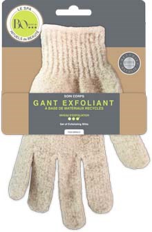 A biodegradable fiber glove with a label, designed for exfoliating and cleaning the skin.