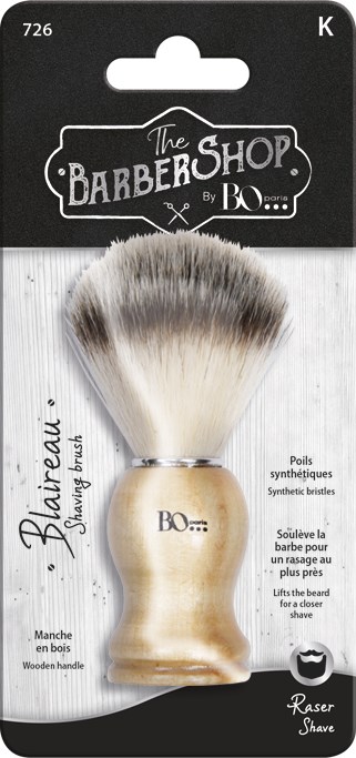 Barberpinsel mit Holzhandgriff und synthetischen Borsten, für Rasieren. Verpackung ist schwarz und weiß.