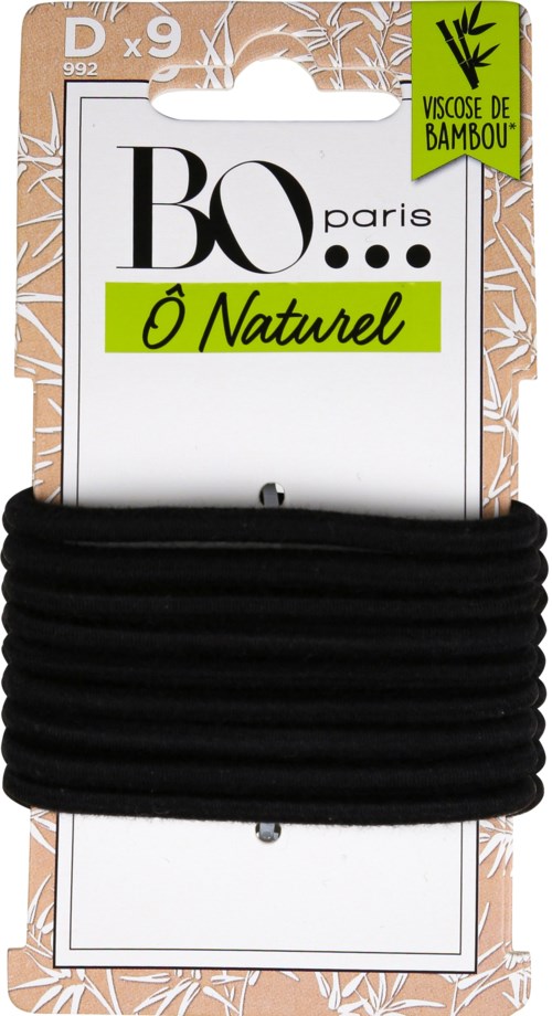 Black elastic hair ties on a cardboard backing with a green label, indicating bamboo-based material.