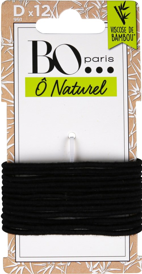 Package of 12 black elastic hair ties labeled 'Ø Naturel' with bamboo extract. Simple and natural style.