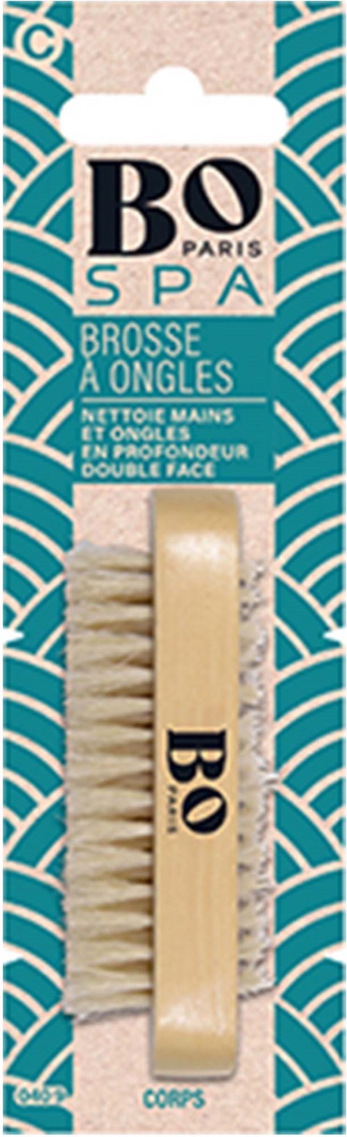 A nail brush with white bristles and a white handle, packaged in a blue geometric patterned box.