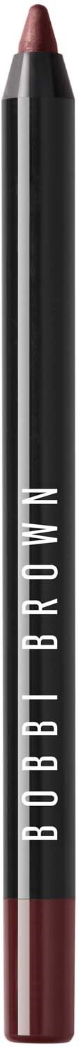 A lip liner pencil from Bobbi Brown, with a black body and maroon tip, standing upright.