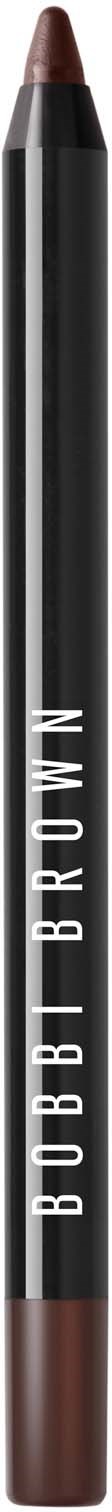A brown eyebrow pencil with a black body and white writing, standing upright.