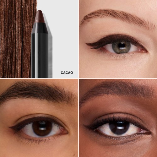 Four images show makeup items and eyes with different styles of eye makeup. One shows a brown eyeliner pencil labeled 'CACAO' and three close-ups of eyes with eyeliners.