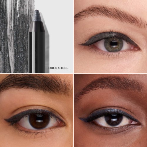 Four different eye makeup styles are shown on eyes of various skin tones, with a pencil labeled 'Cool Steel'.