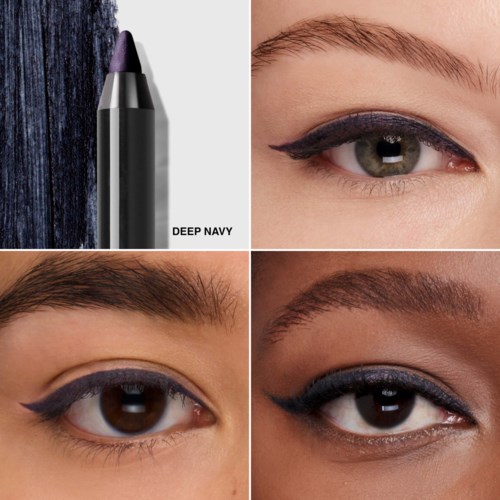 A lipstick stick labeled 'Deep Navy' and four close-up images of eyes with navy blue eyeliner.