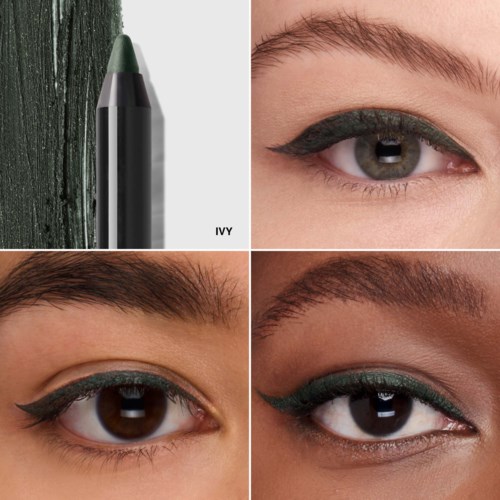 Four images: a green pencil, a woman with black eyeliner, a woman with brown eyes and black eyeliner, and a woman with dark skin and black eyeliner.